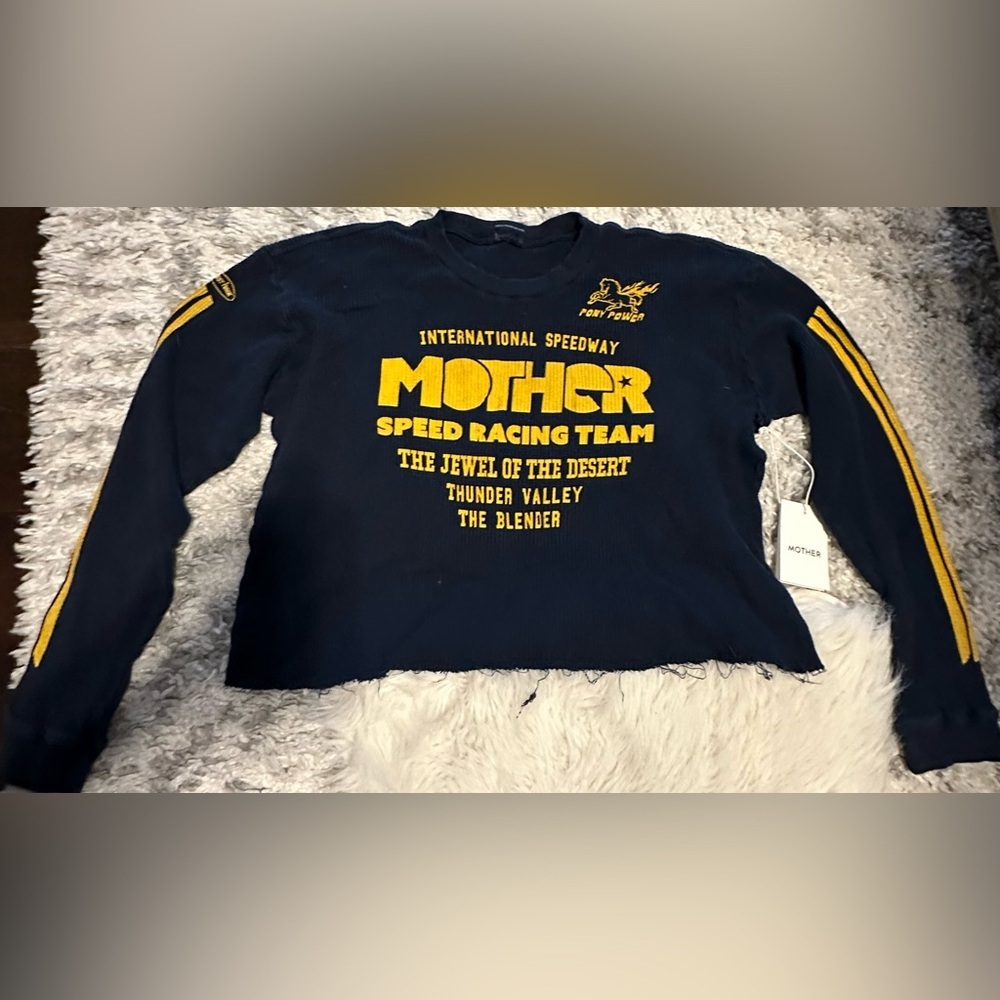 MOTHER Navy / Yellow Long Sleeve Racing Thermal Waffle Cropped Tee. RARE! - Picture 3 of 7